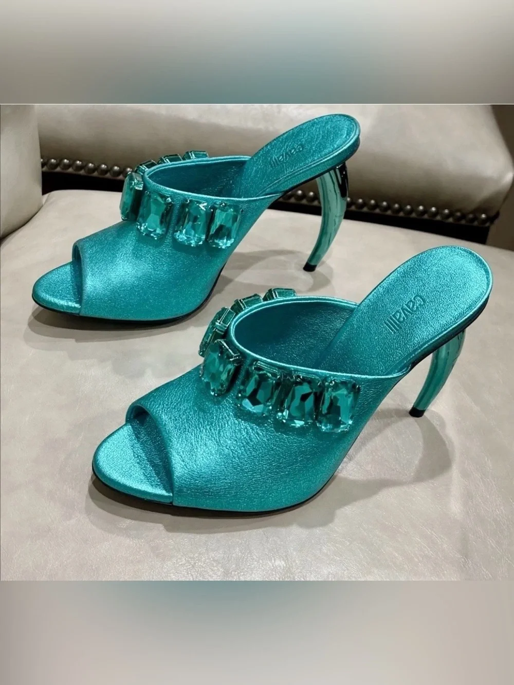 Roberto Cavalli  Turquoise Crystal Heels  EUR size 36.5.   US 6. Comes With COA.